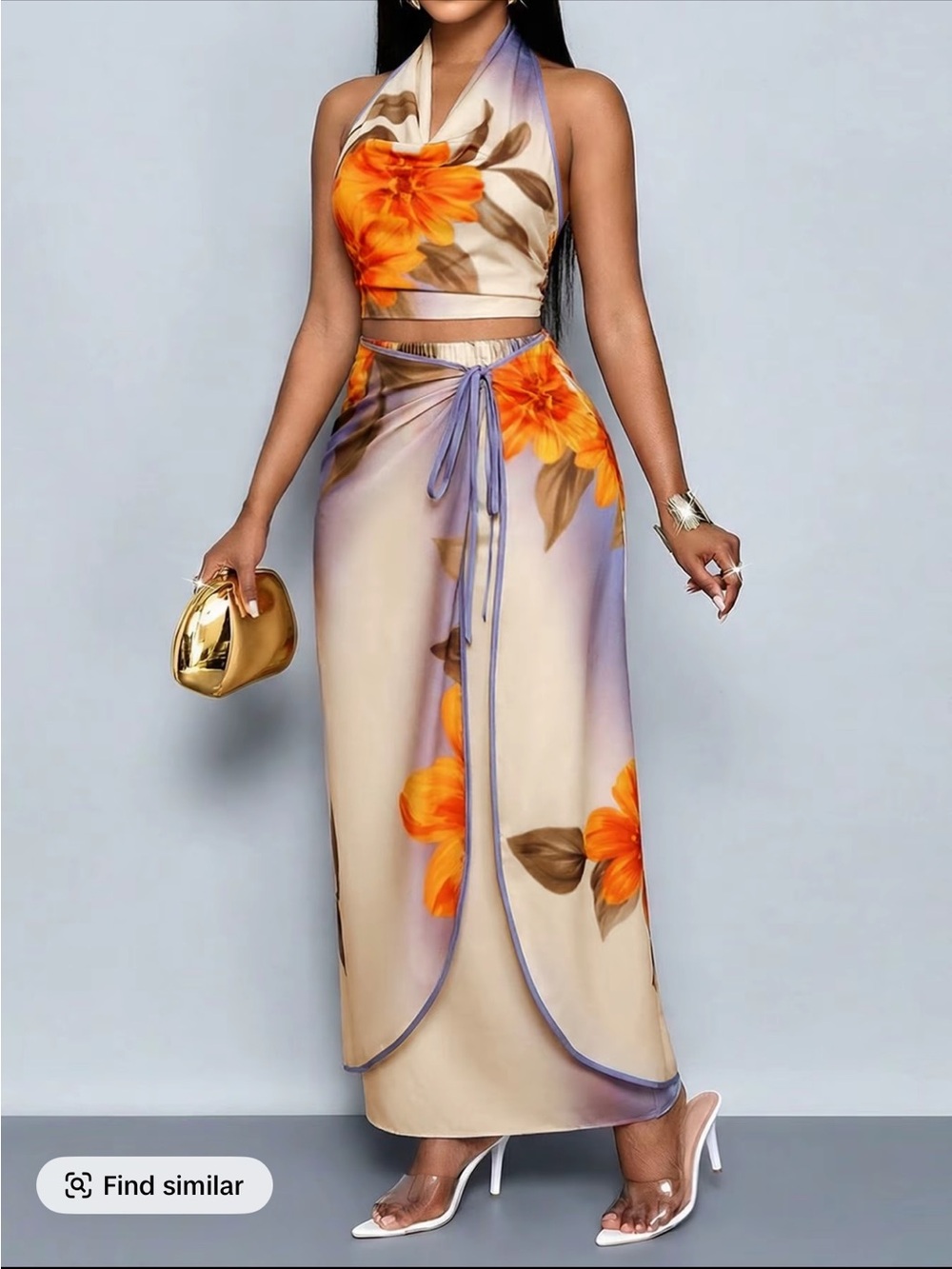 Floral Satin Wrap Maxi Skirt Set Beige & Orange